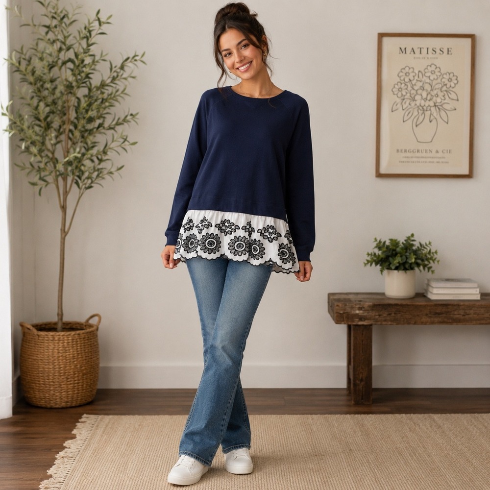 Cupio Womens Small Oversized Navy Floral Embroidered Layered Sweatshirt Top Boho